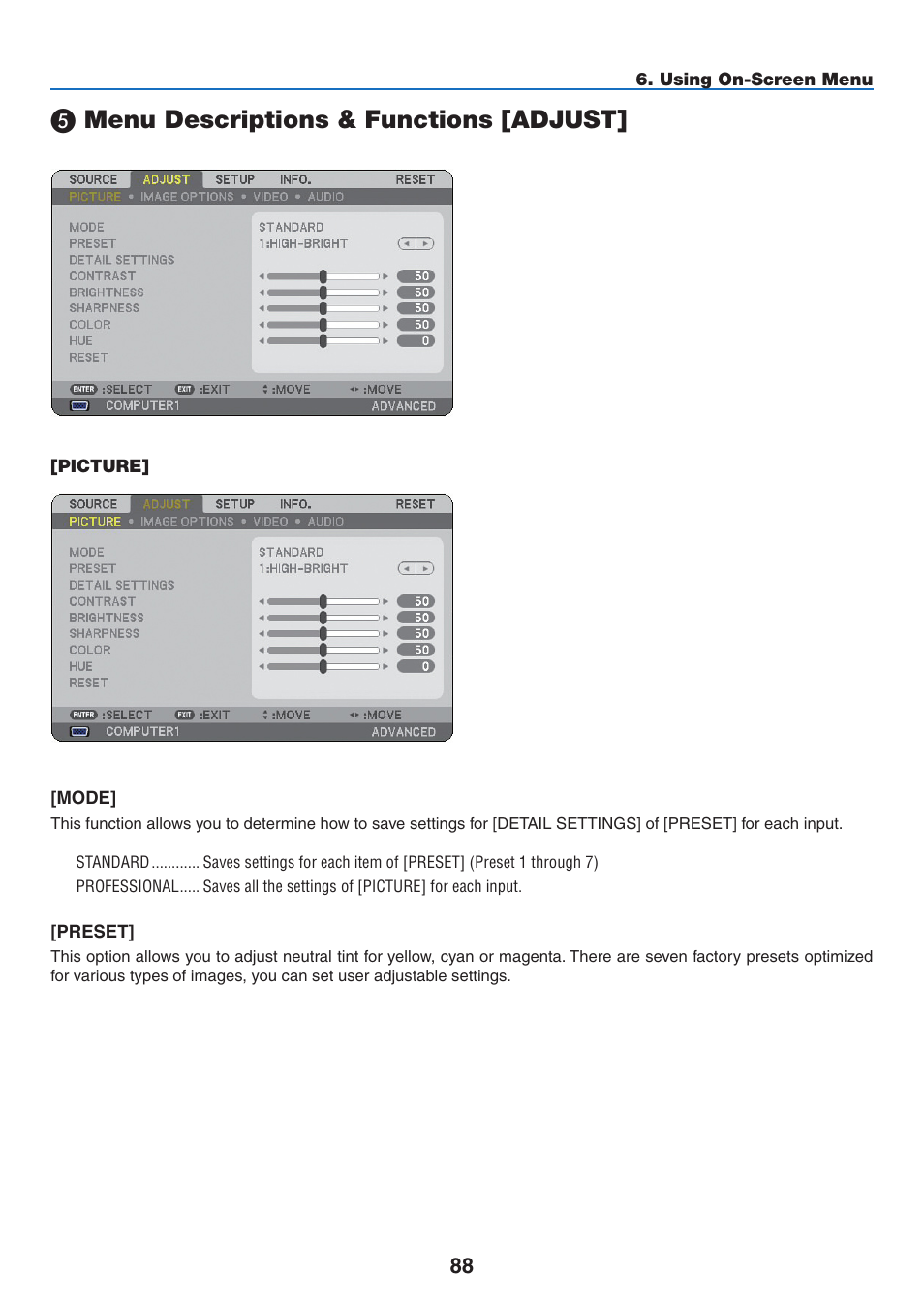 5) menu descriptions & functions [adjust, Picture, Menu descriptions & functions [adjust | NEC NP2250 User Manual | Page 102 / 183