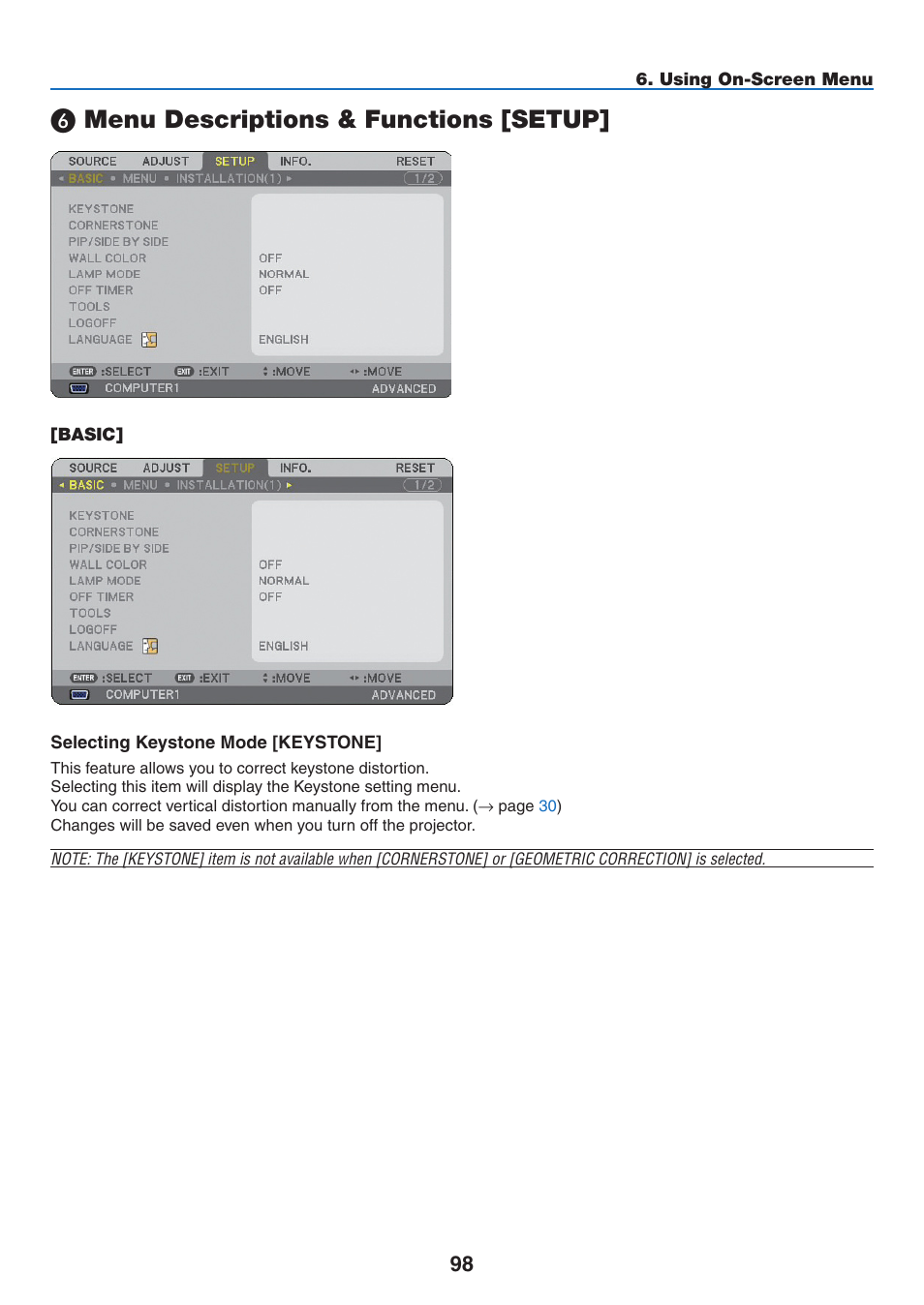 6) menu descriptions & functions [setup, Basic, Menu descriptions & functions [setup | NEC NP2250 User Manual | Page 112 / 183