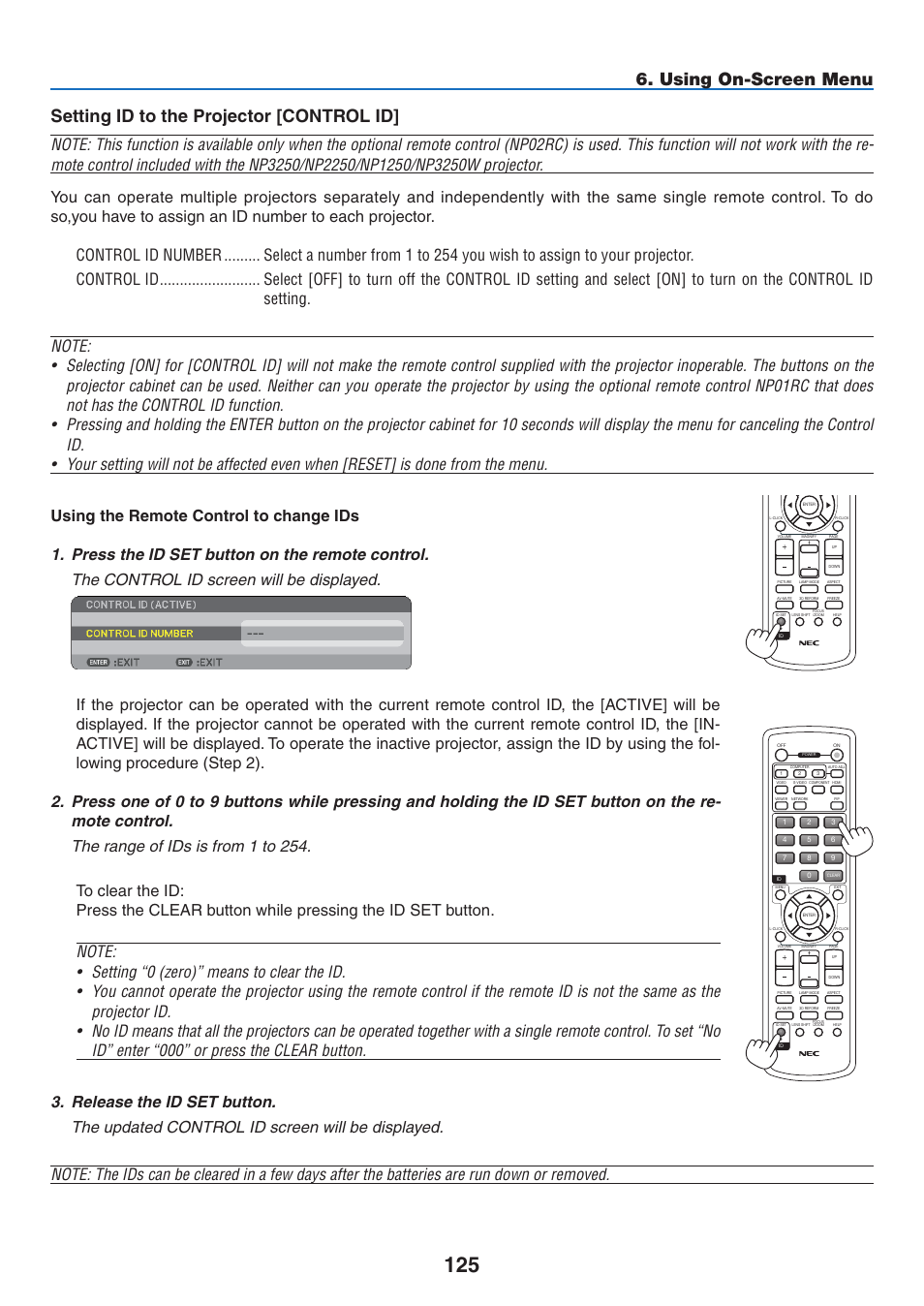 Setting id to the projector [control id, Using on-screen menu | NEC NP2250 User Manual | Page 139 / 183