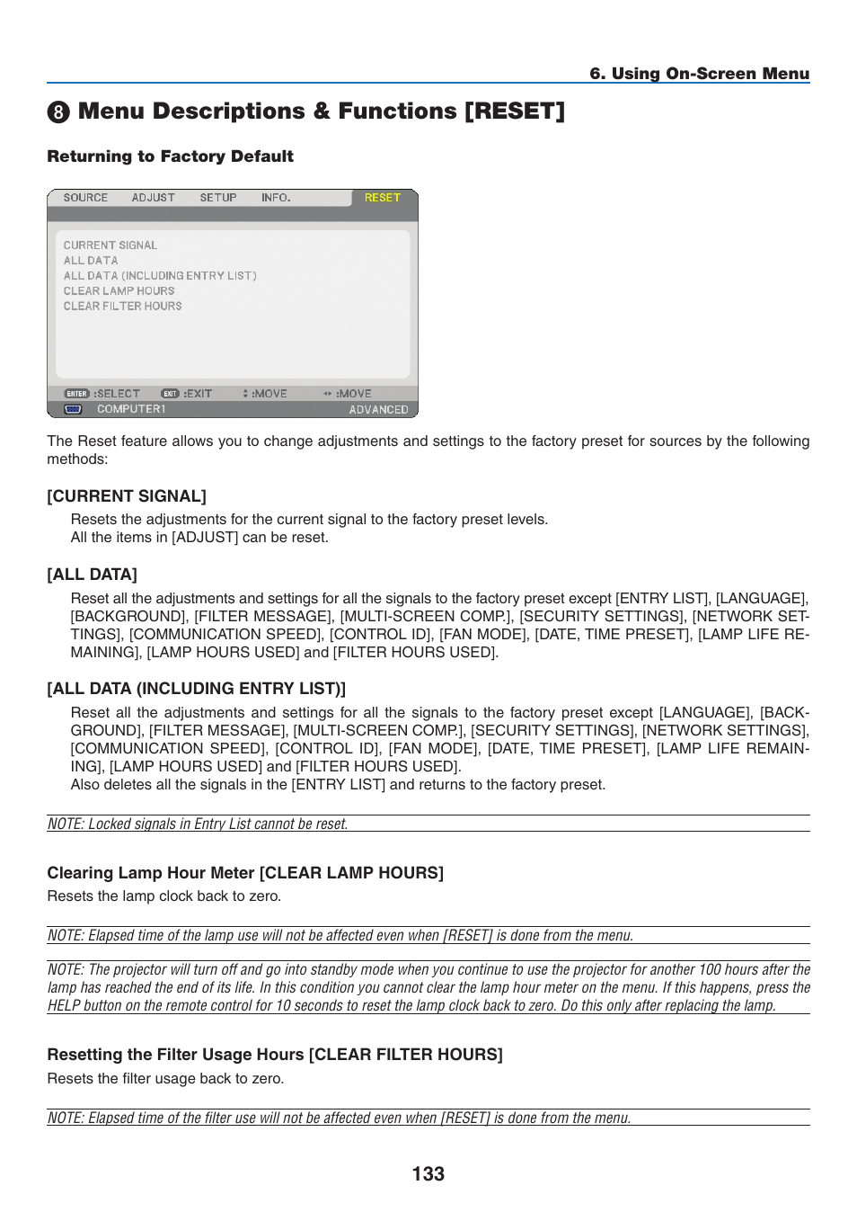 8) menu descriptions & functions [reset, Returning to factory default, Menu descriptions & functions [reset | NEC NP2250 User Manual | Page 147 / 183