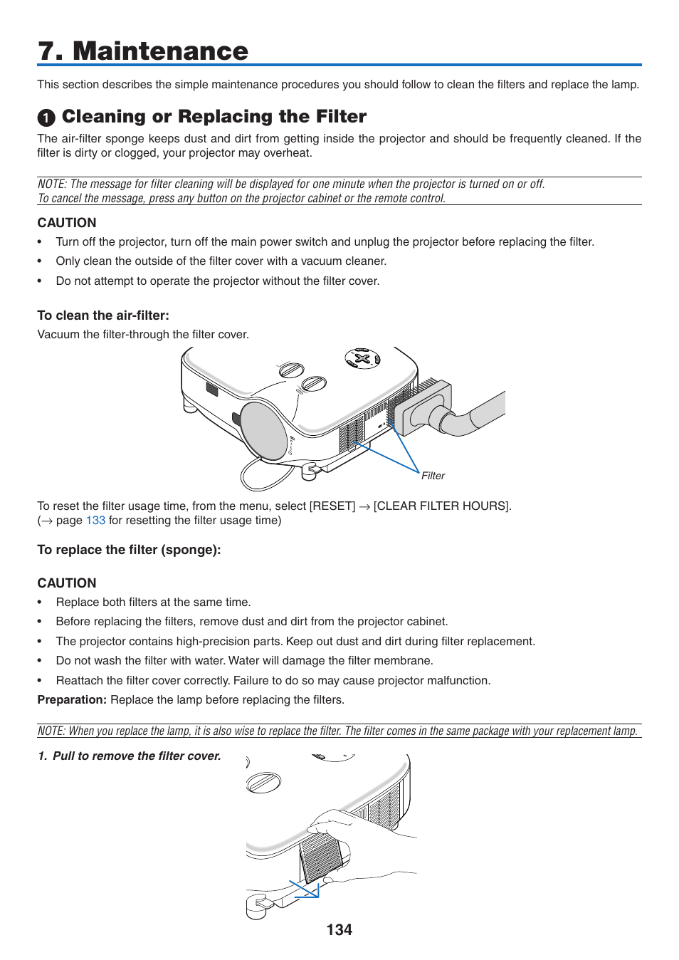 Maintenance, 1) cleaning or replacing the filter, Cleaning or replacing the filter | Caution, Us b lam p sta tus po we r, Filter | NEC NP2250 User Manual | Page 148 / 183