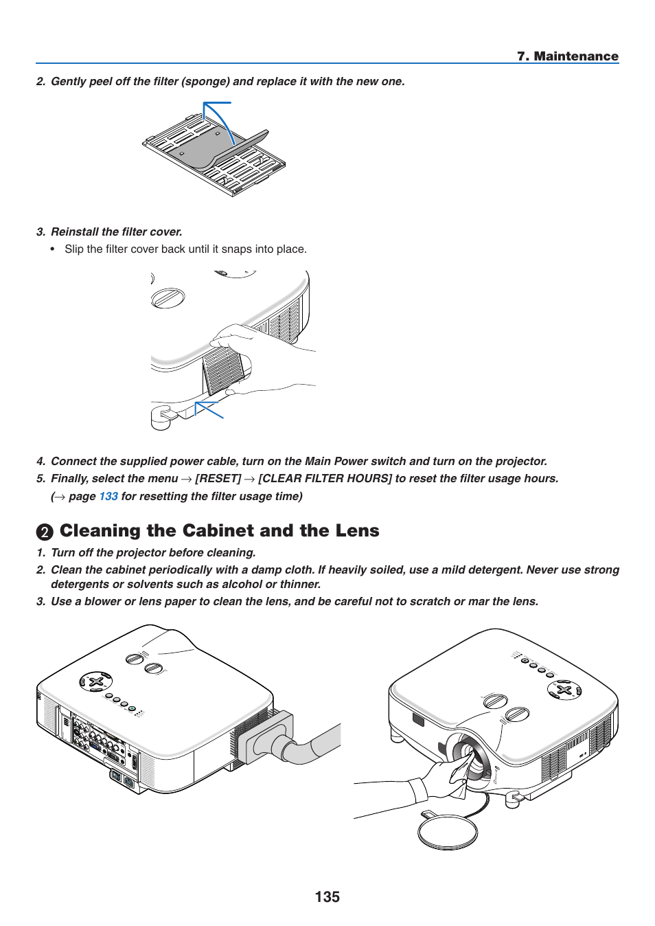 2) cleaning the cabinet and the lens, Cleaning the cabinet and the lens, Maintenance | Us b lam p sta tus po we r, Wireless wireles s | NEC NP2250 User Manual | Page 149 / 183