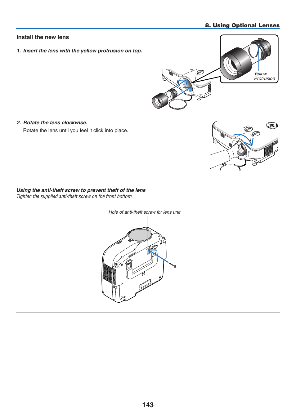 Using optional lenses, Install the new lens | NEC NP2250 User Manual | Page 157 / 183