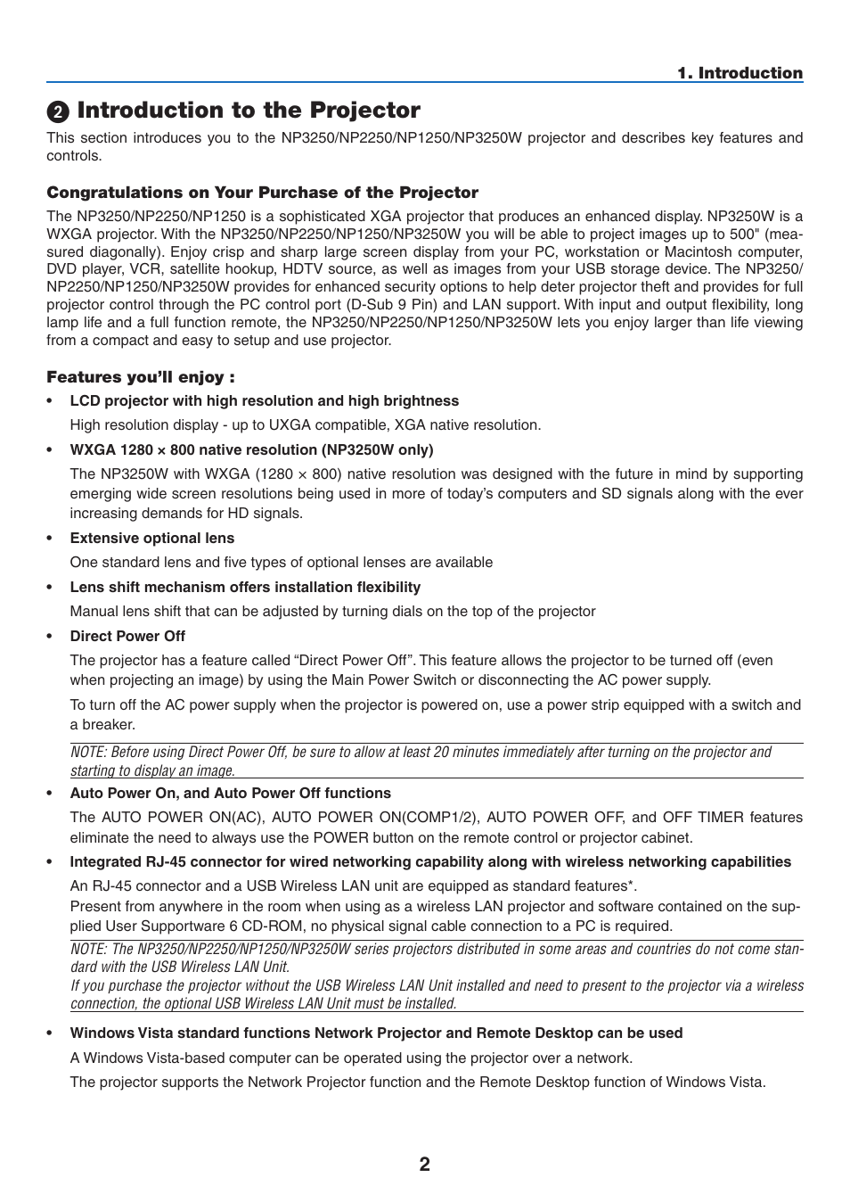 2) introduction to the projector, Congratulations on your purchase of the projector, Features you’ll enjoy | Introduction to the projector | NEC NP2250 User Manual | Page 16 / 183