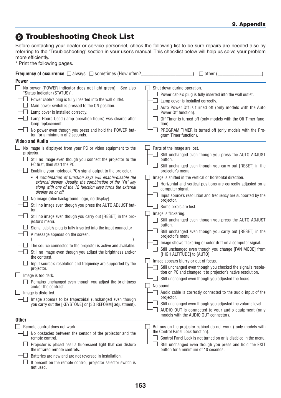 9) troubleshooting check list, 9 troubleshooting check list, Appendix | NEC NP2250 User Manual | Page 177 / 183