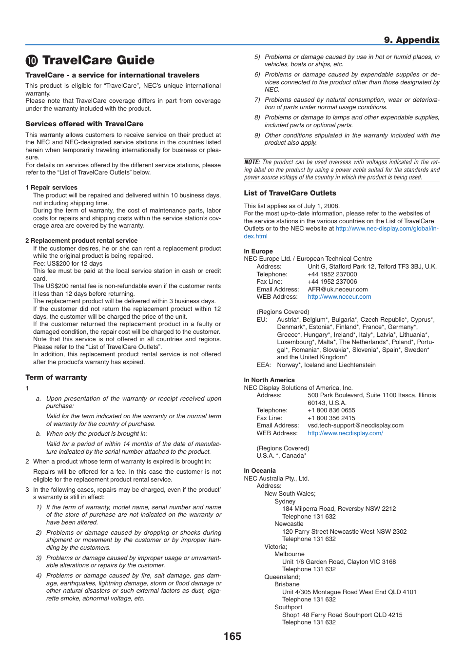 10) travelcare guide, Travelcare guide, Appendix | NEC NP2250 User Manual | Page 179 / 183