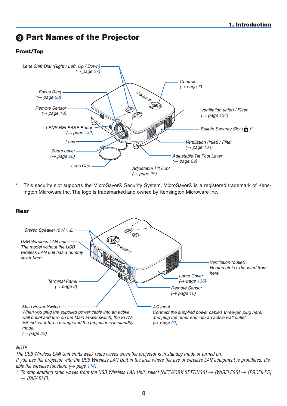 3) part names of the projector, Front/top, Rear | Part names of the projector, Front/top rear, Introduction | NEC NP2250 User Manual | Page 18 / 183