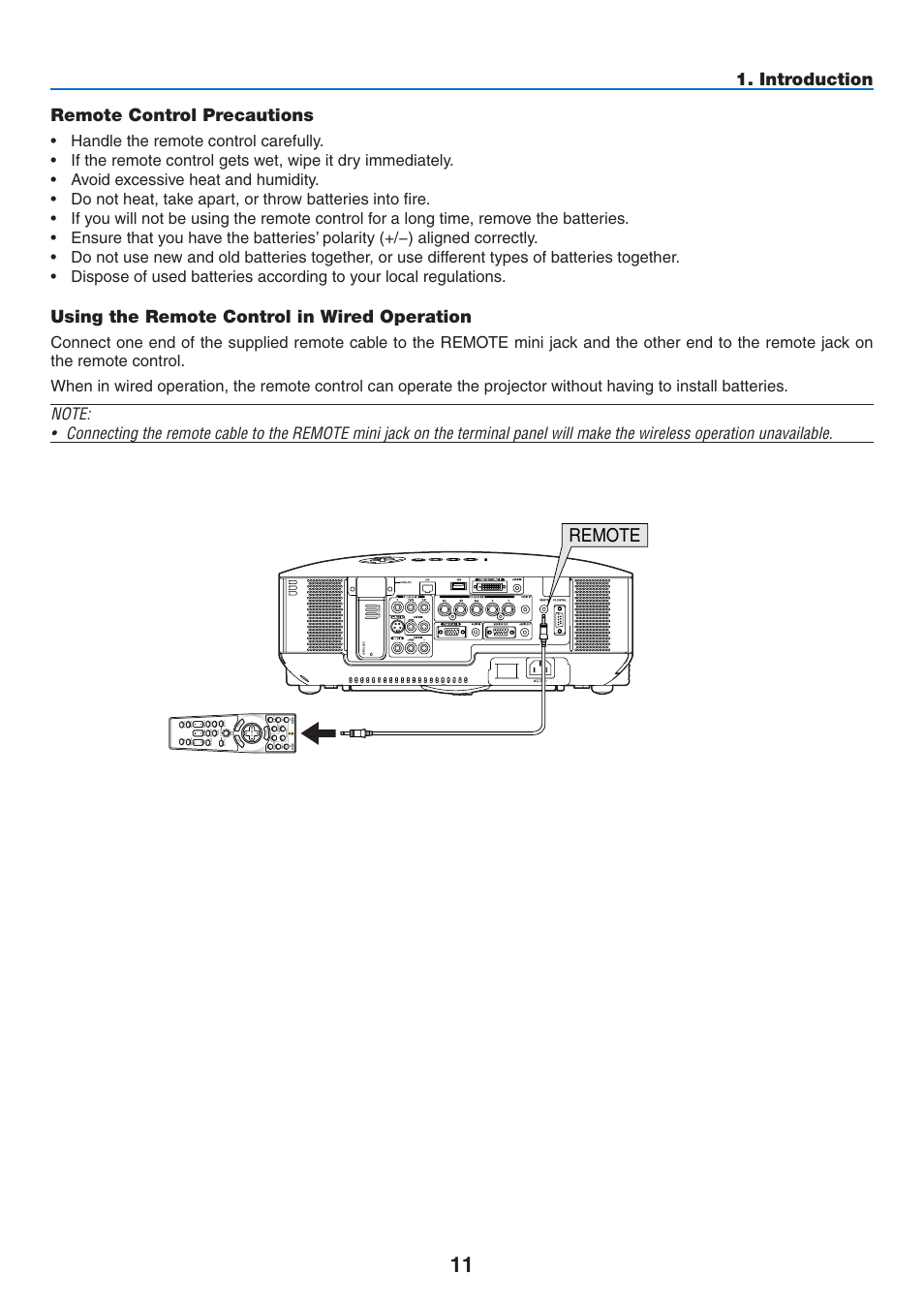 Remote control precautions, Using the remote control in wired operation, Remote | Introduction remote control precautions | NEC NP2250 User Manual | Page 25 / 183