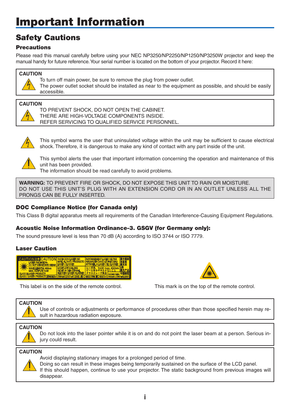 Important information, Safety cautions | NEC NP2250 User Manual | Page 3 / 183