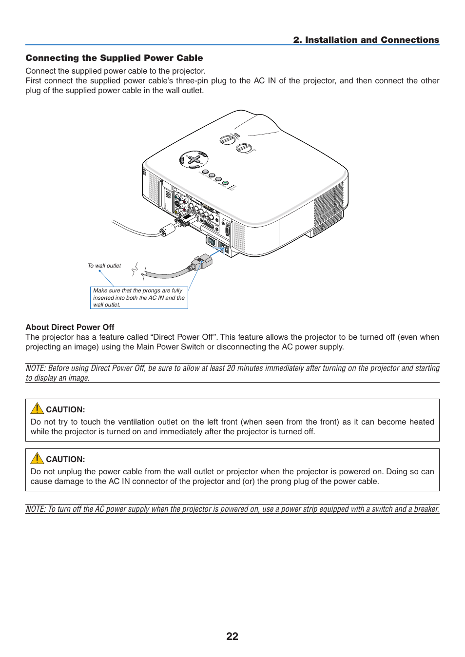Connecting the supplied power cable, Wireless wireles s | NEC NP2250 User Manual | Page 36 / 183
