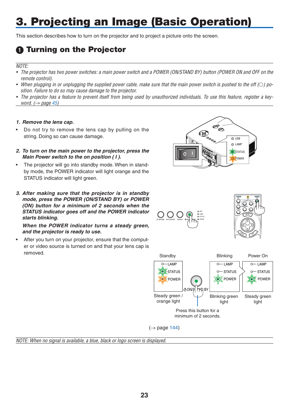 Projecting an image (basic operation), 1) turning on the projector, Turning on the projector | NEC NP2250 User Manual | Page 37 / 183
