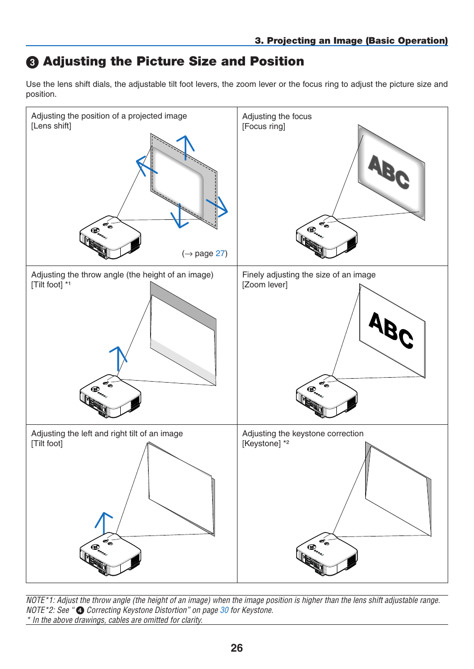 3) adjusting the picture size and position, Adjusting the picture size and position, Projecting an image (basic operation) | NEC NP2250 User Manual | Page 40 / 183