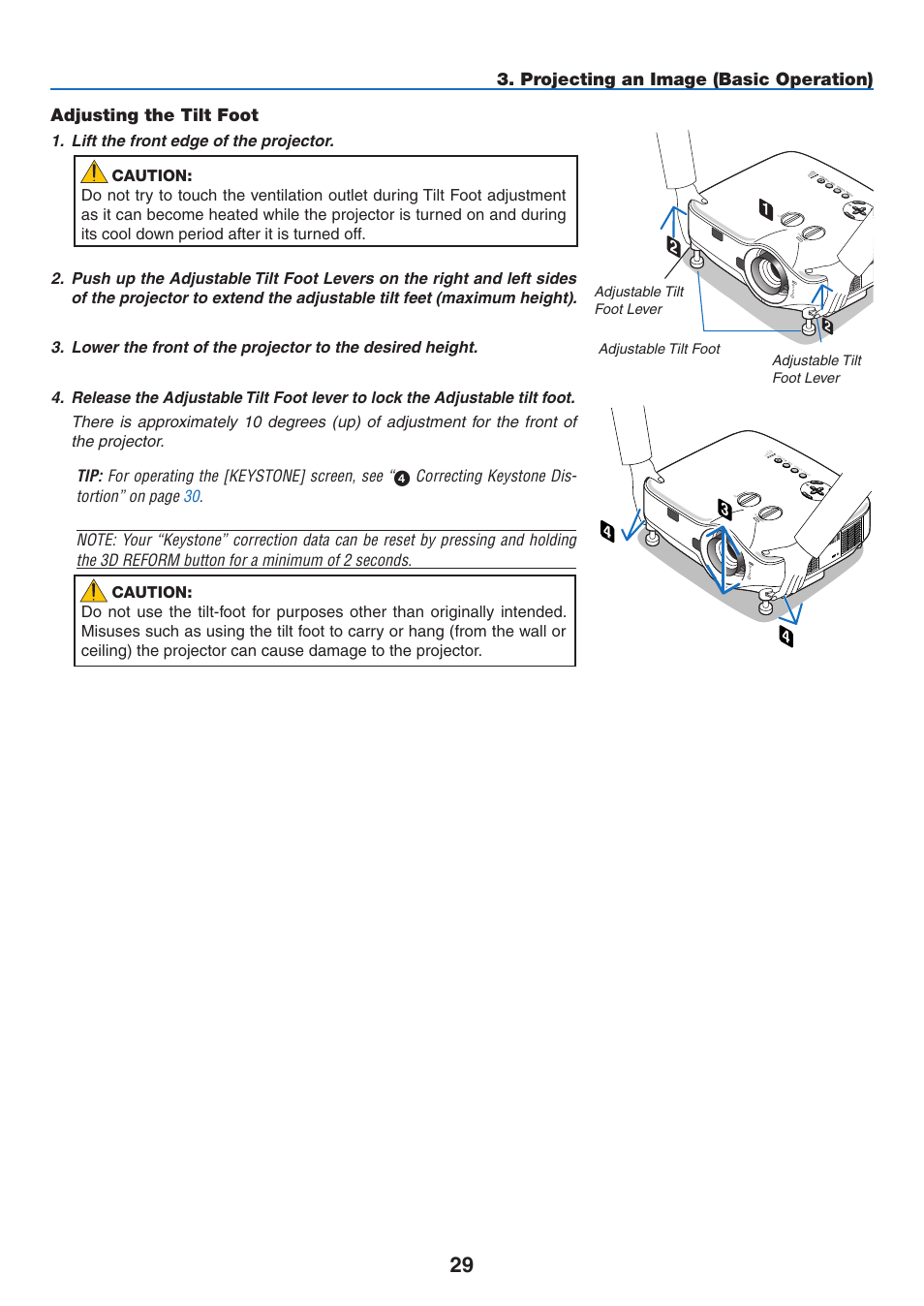 Adjusting the tilt foot, Projecting an image (basic operation) | NEC NP2250 User Manual | Page 43 / 183