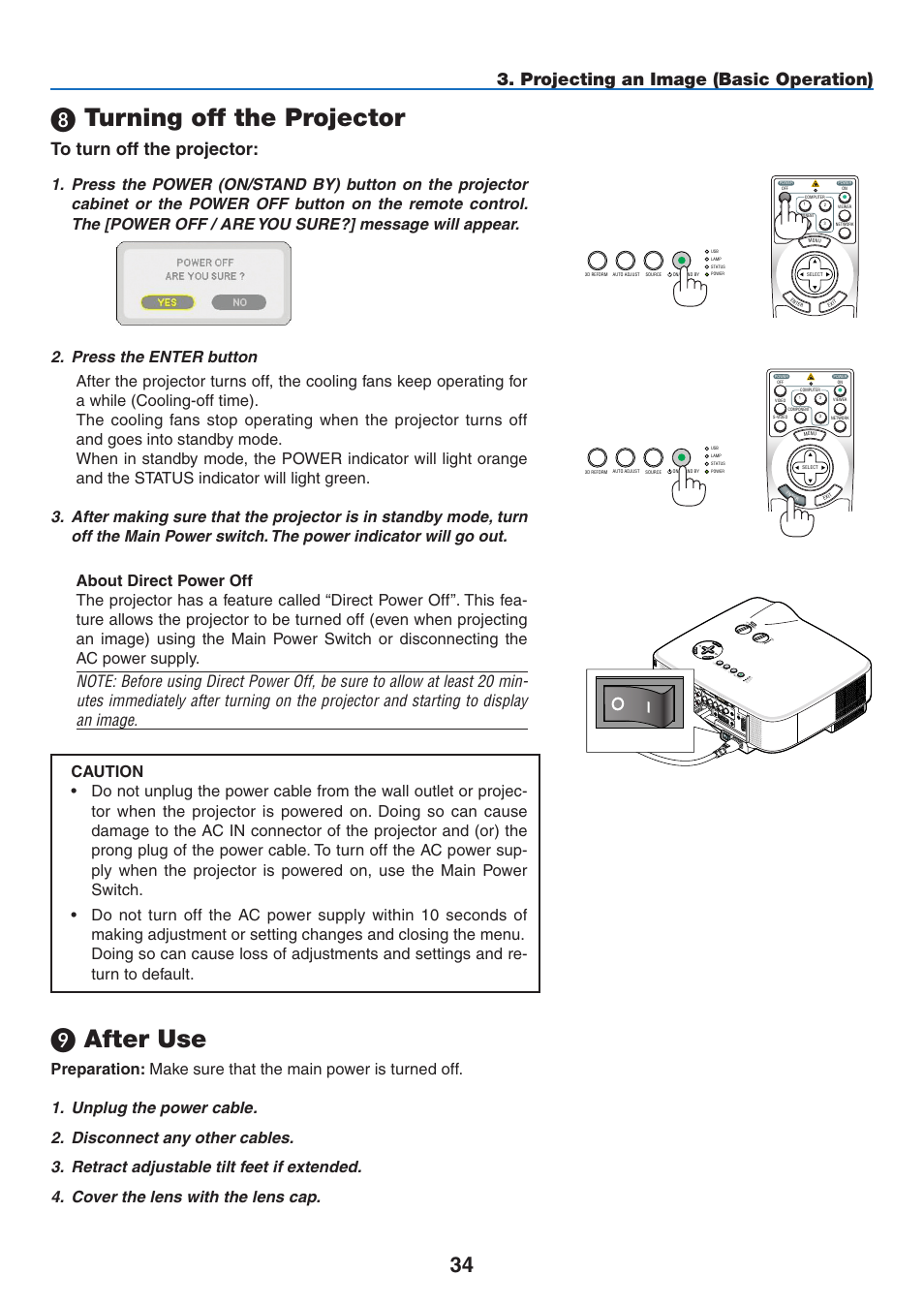 8) turning off the projector, 9) after use, Turning off the projector  after use | Turning off the projector, After use | NEC NP2250 User Manual | Page 48 / 183
