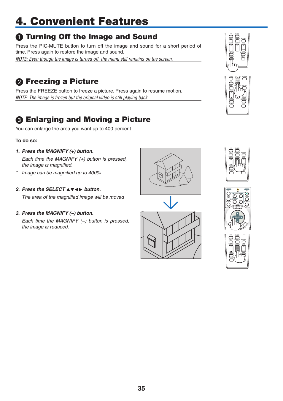 Convenient features, 1) turning off the image and sound, 2) freezing a picture | 3) enlarging and moving a picture, Turning off the image and sound, Freezing a picture, Enlarging and moving a picture | NEC NP2250 User Manual | Page 49 / 183