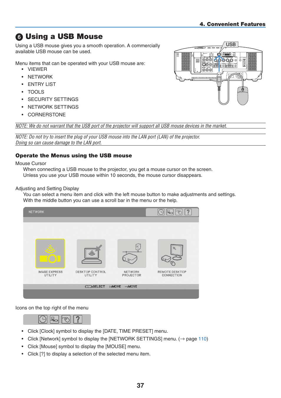 6) using a usb mouse, Operate the menus using the usb mouse, Using a usb mouse | Convenient features | NEC NP2250 User Manual | Page 51 / 183