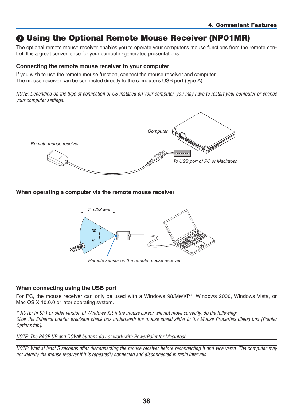 Using the optional remote mouse receiver (np01mr) | NEC NP2250 User Manual | Page 52 / 183