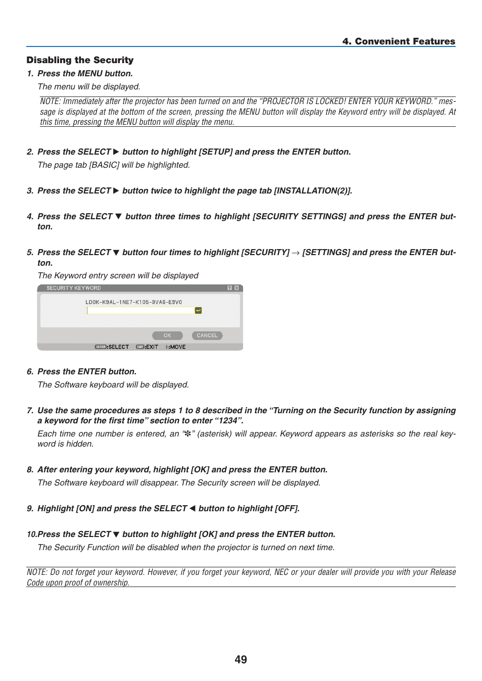 Disabling the security | NEC NP2250 User Manual | Page 63 / 183