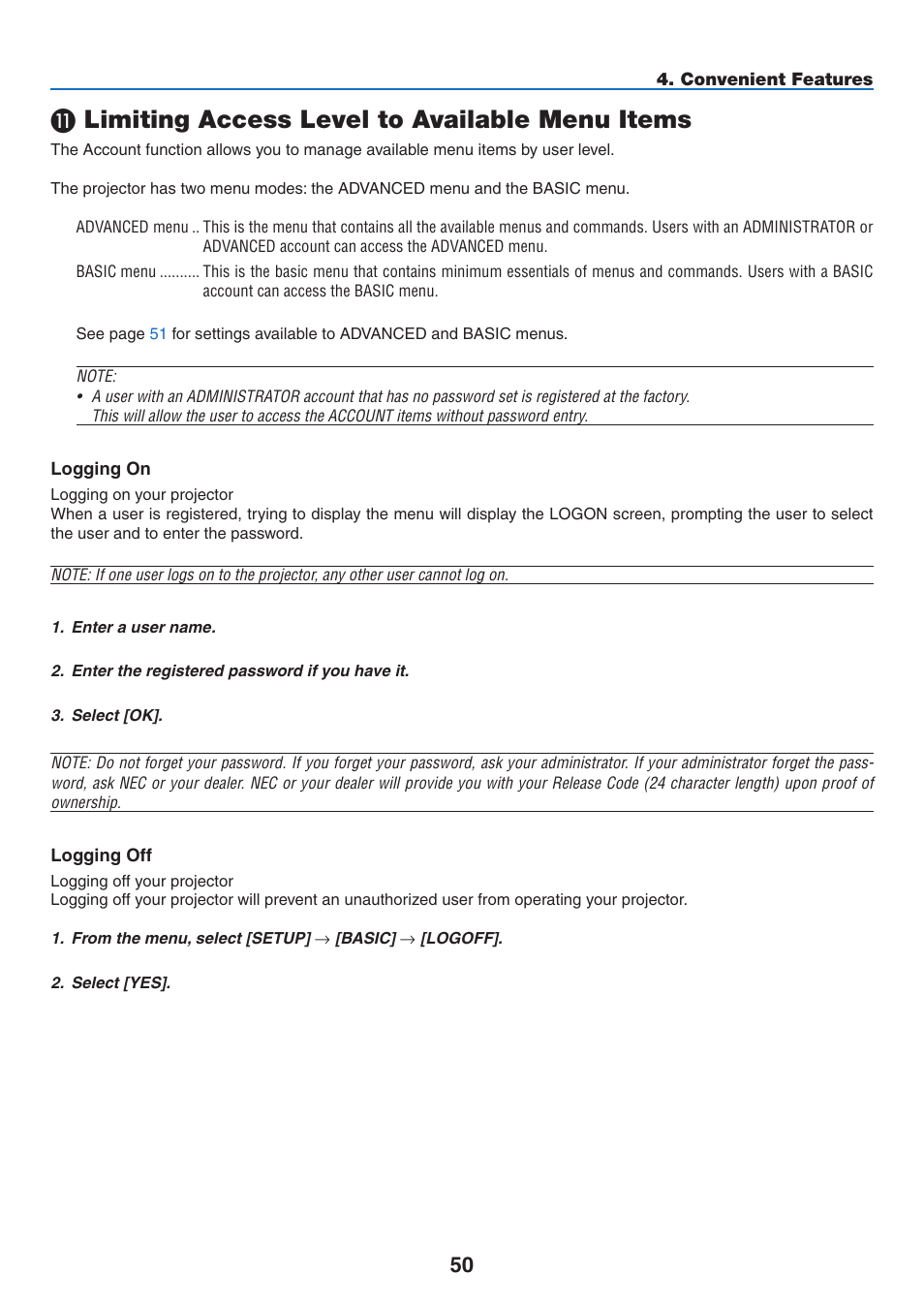 11) limiting access level to available menu items, Limiting access level to available menu items | NEC NP2250 User Manual | Page 64 / 183