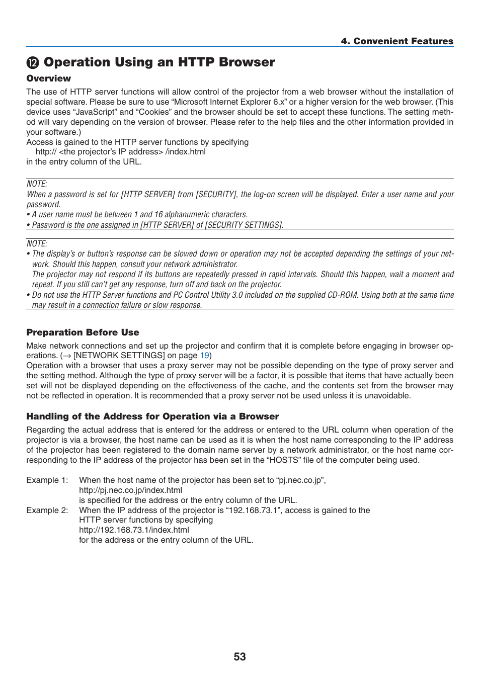 12) operation using an http browser, Overview, Preparation before use | L operation using an http browser | NEC NP2250 User Manual | Page 67 / 183