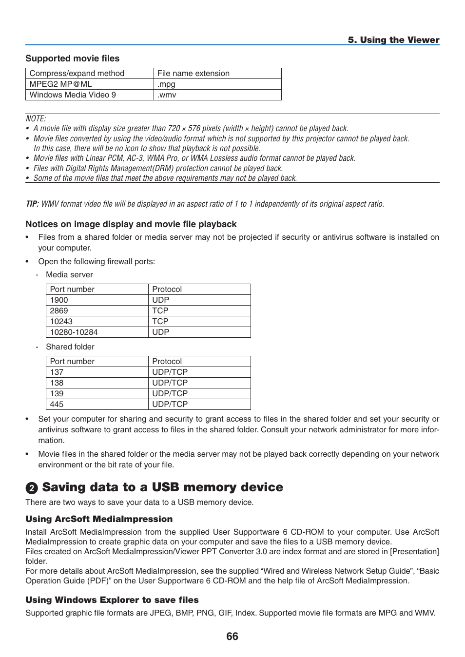 2) saving data to a usb memory device, Using arcsoft mediaimpression, Using windows explorer to save files | Saving data to a usb memory device | NEC NP2250 User Manual | Page 80 / 183