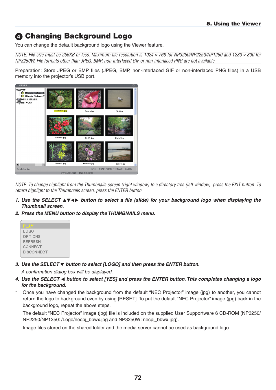 4) changing background logo, Changing background logo | NEC NP2250 User Manual | Page 86 / 183