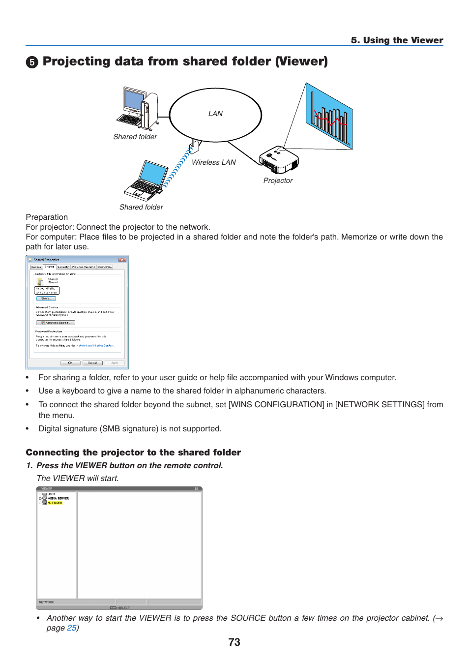 5) projecting data from shared folder (viewer), Connecting the projector to the shared folder, Projecting data from shared folder (viewer) | NEC NP2250 User Manual | Page 87 / 183