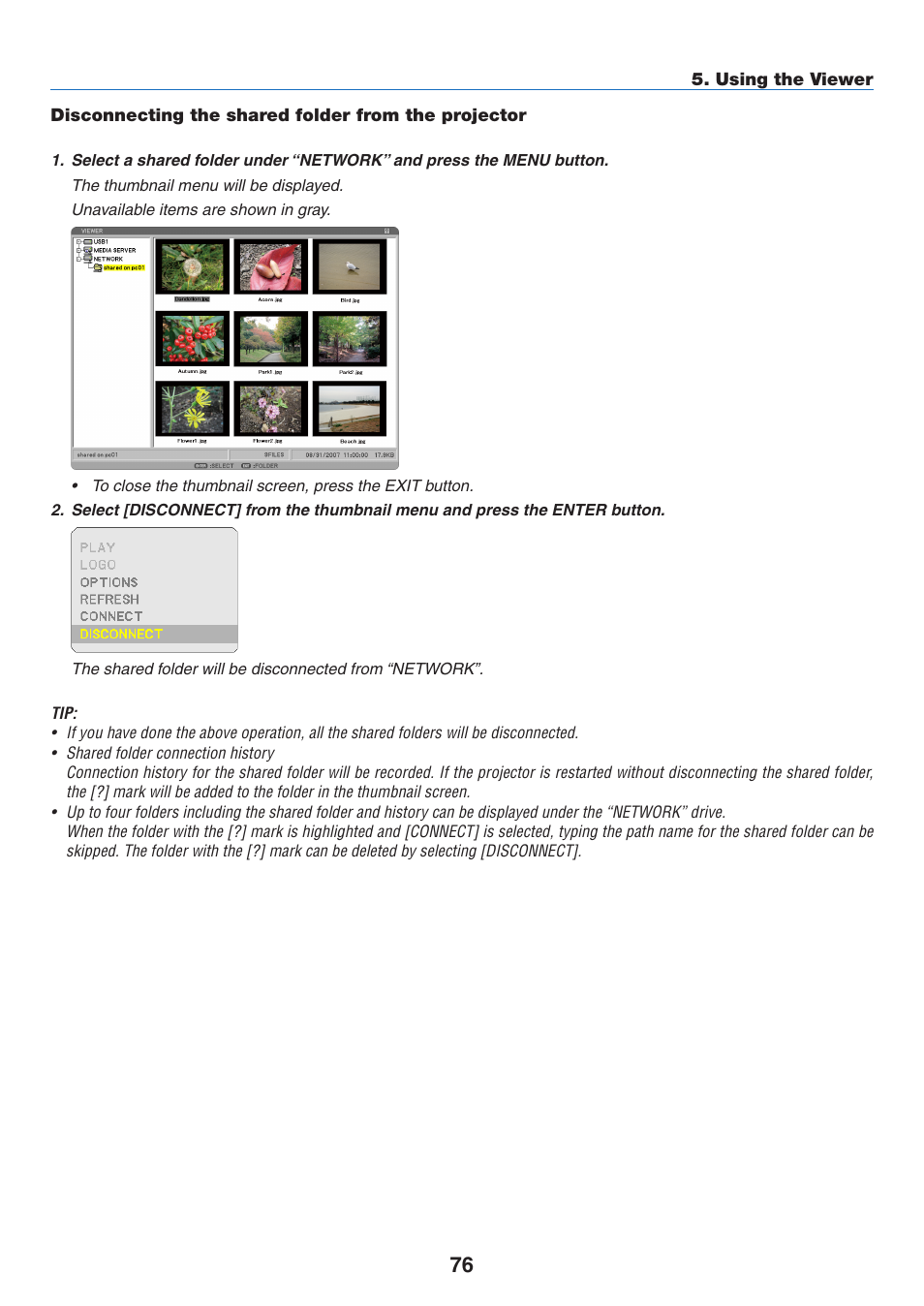 Disconnecting the shared folder from the projector | NEC NP2250 User Manual | Page 90 / 183
