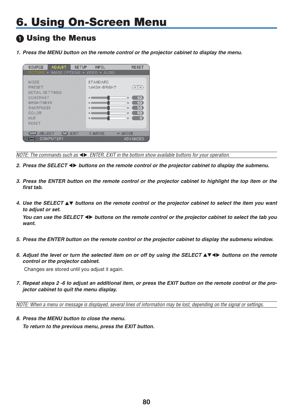 Using on-screen menu, 1) using the menus, Using the menus | NEC NP2250 User Manual | Page 94 / 183