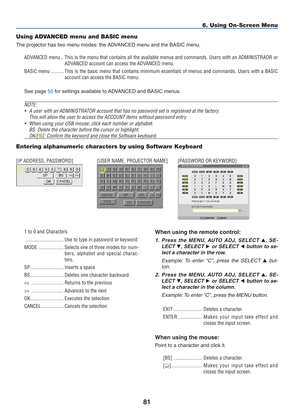 Using advanced menu and basic menu | NEC NP2250 User Manual | Page 95 / 183