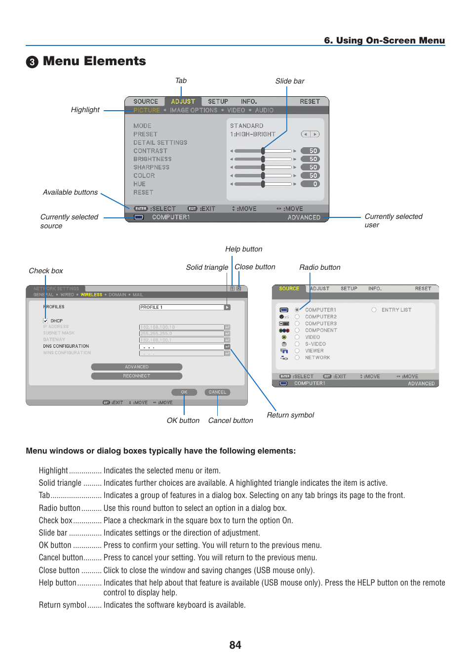 3) menu elements, Menu elements | NEC NP2250 User Manual | Page 98 / 183