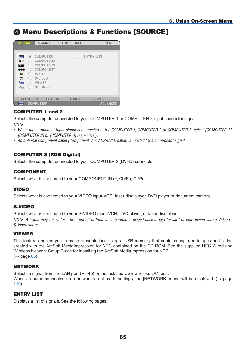 4) menu descriptions & functions [source, Computer 1 and 2, Computer 3 (rgb digital) | Component, Video, S-video, Viewer, Network, Entry list, Menu descriptions & functions [source | NEC NP2250 User Manual | Page 99 / 183