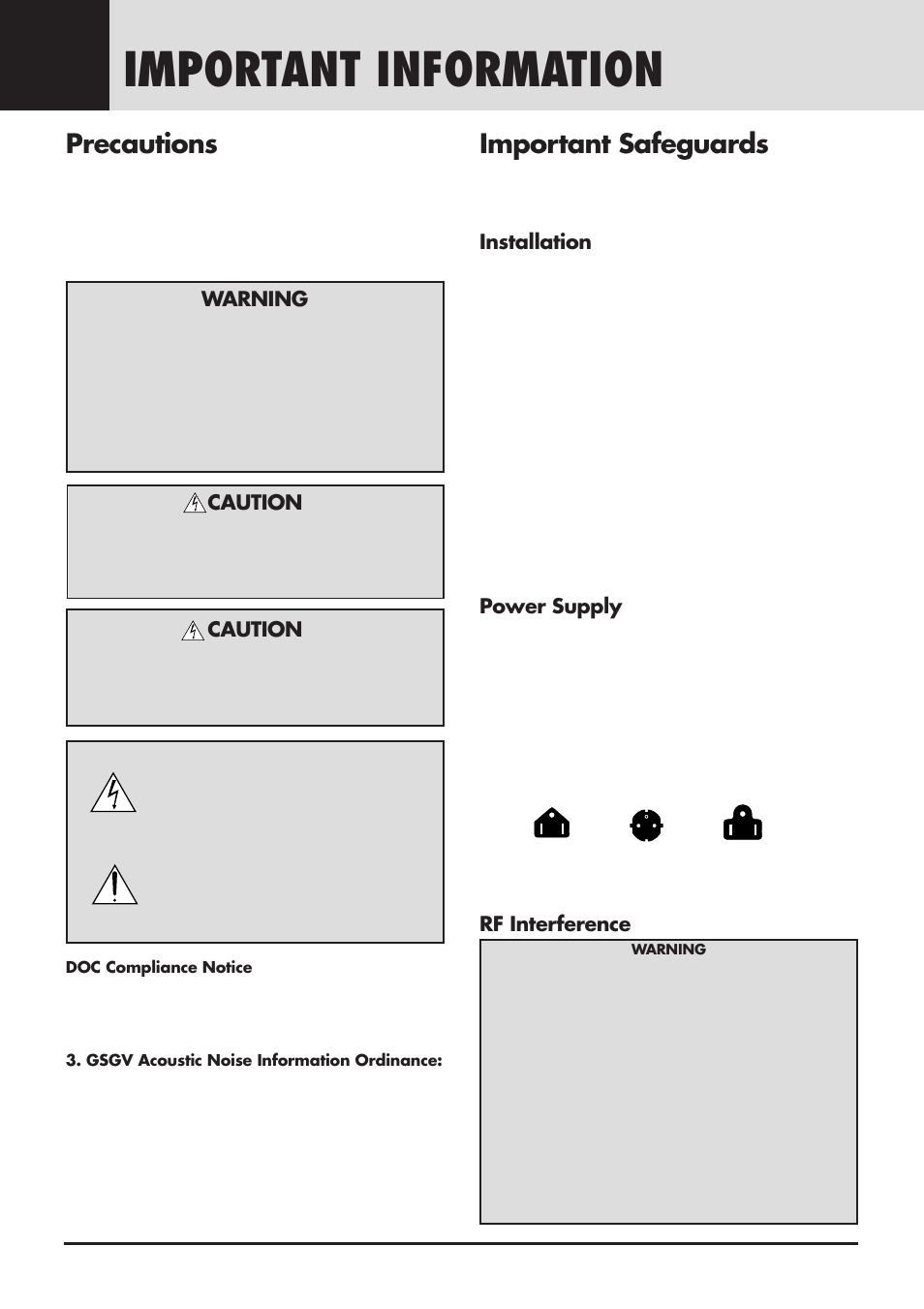 Important information, Precautions, Important safeguards | Caution, Warning, Installation, Power supply, Rf interference | NEC GT2000 User Manual | Page 2 / 87