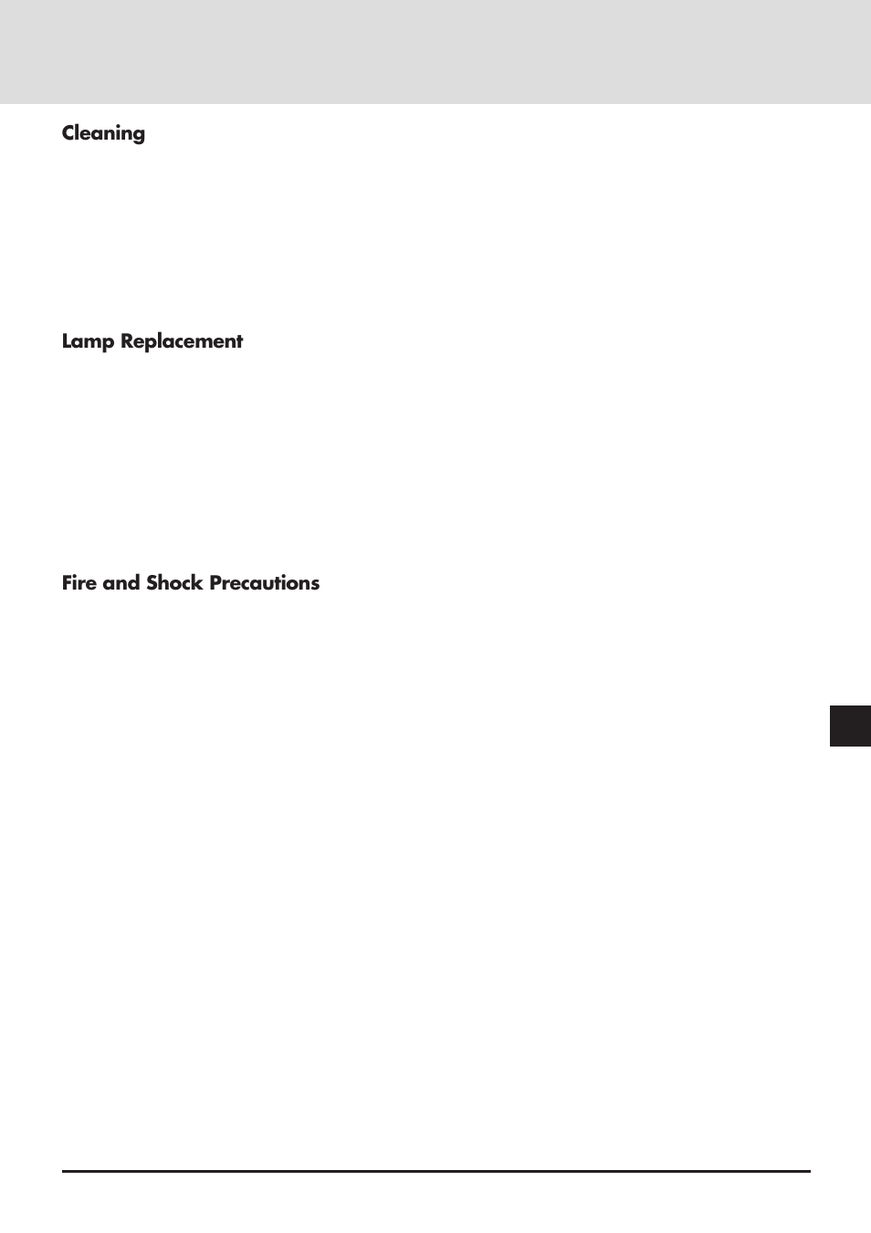 Cleaning, Lamp replacement, Fire and shock precautions | NEC GT2000 User Manual | Page 3 / 87