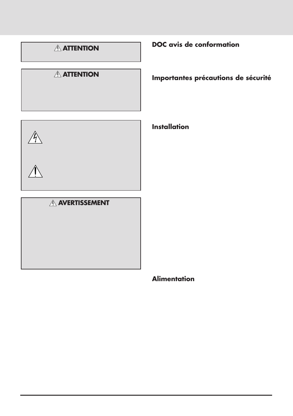 Attention, Avertissement, Doc avis de conformation | Importantes précautions de sécurité, Installation, Alimentation | NEC GT2000 User Manual | Page 4 / 87