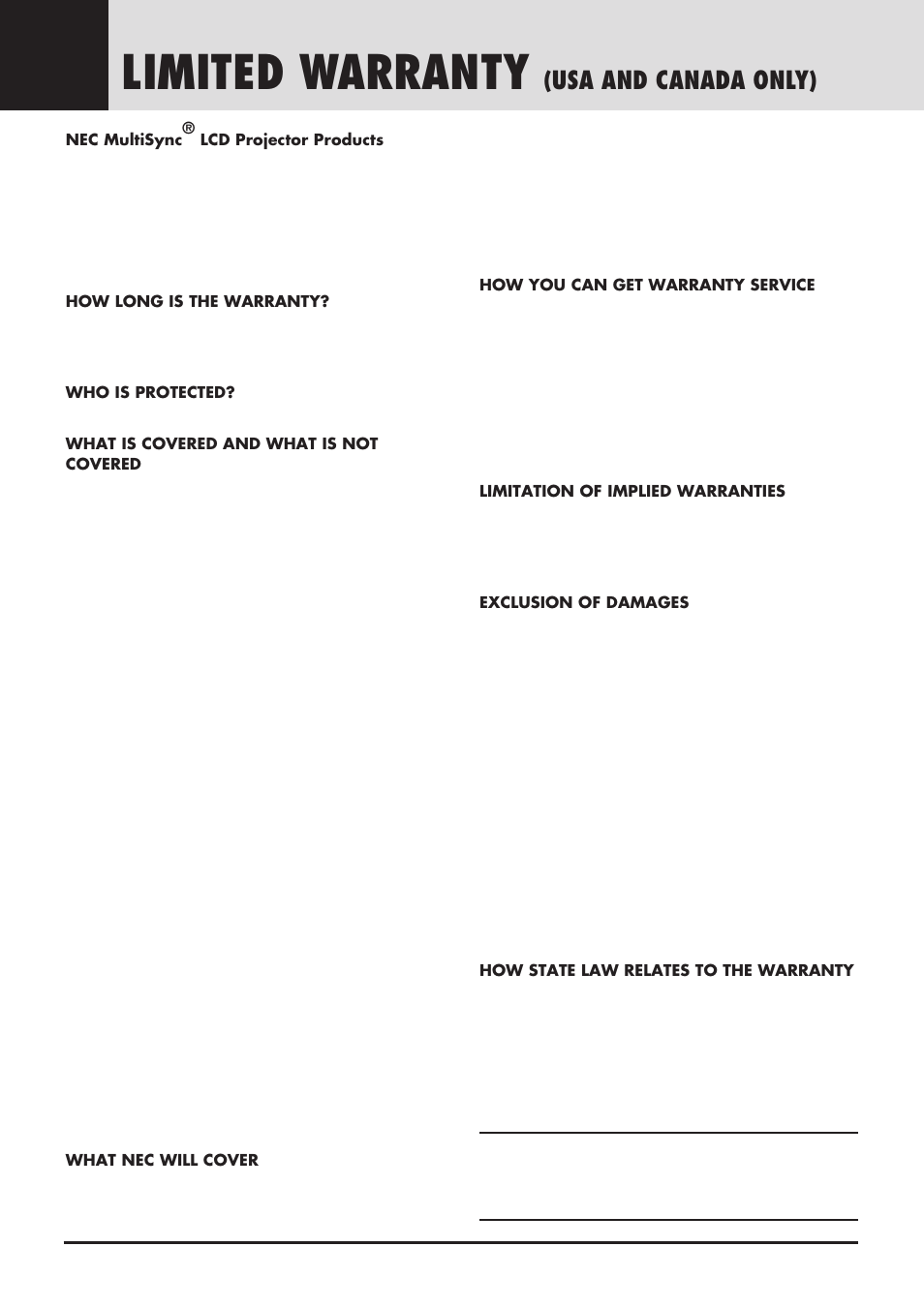 Limited warranty, Usa and canada only) | NEC GT2000 User Manual | Page 6 / 87