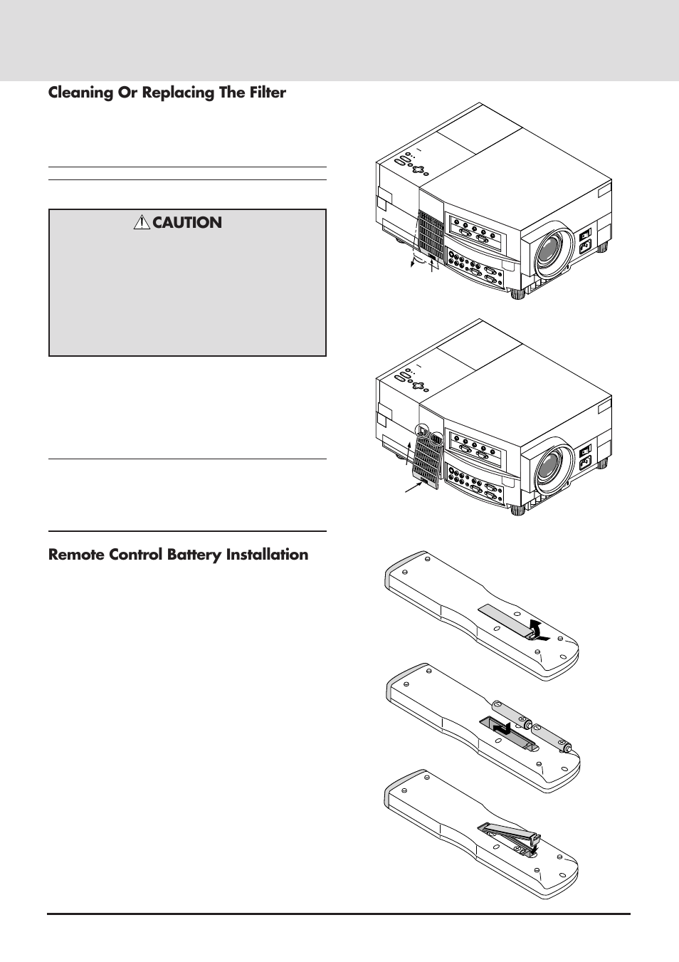 Cleaning or replacing the filter, Caution, Remote control battery installation | Installing the remote control batteries, E-74, Ac in | NEC GT2000 User Manual | Page 74 / 87