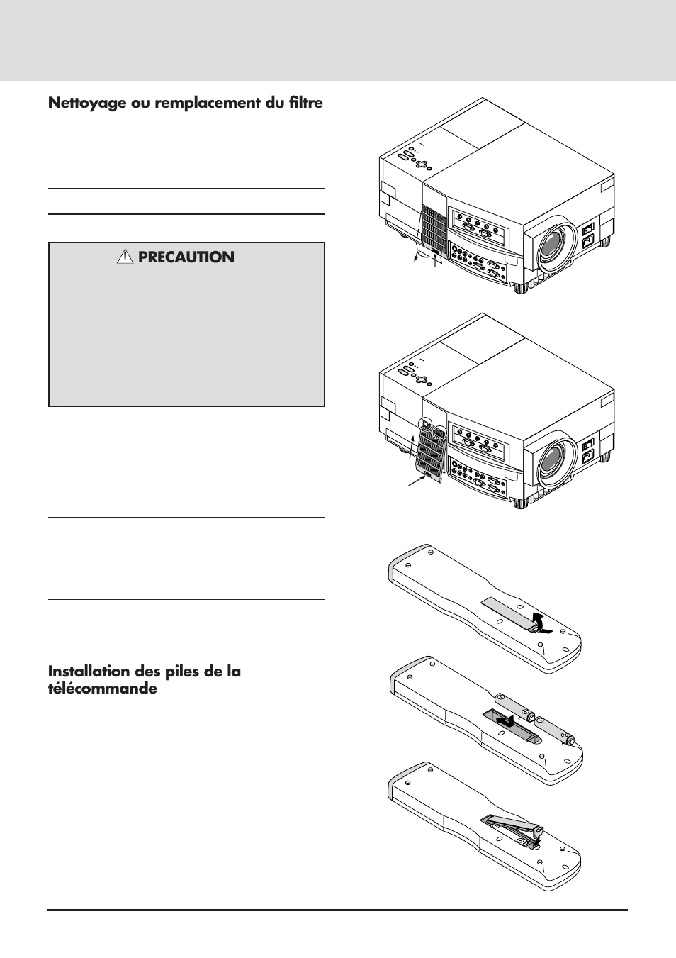 Nettoyage ou remplacement du filtre, Precaution, Installation des piles de la télécommande | E-76, Ac in | NEC GT2000 User Manual | Page 76 / 87