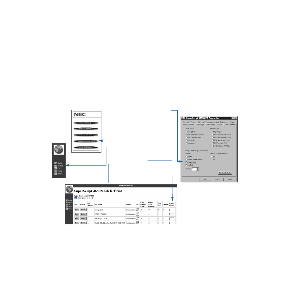 Job preview, Collation, Advanced features job preview | NEC 4650N User Manual | Page 85 / 137