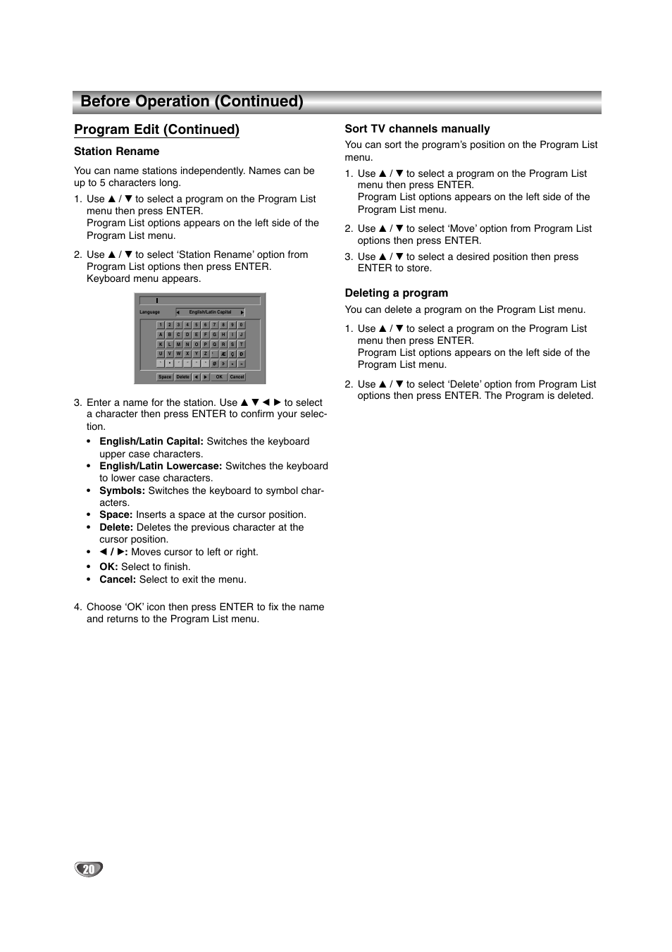 Before operation (continued), Program edit (continued), Station rename | Sort tv channels manually, Deleting a program | NEC NDRV-60 User Manual | Page 20 / 64