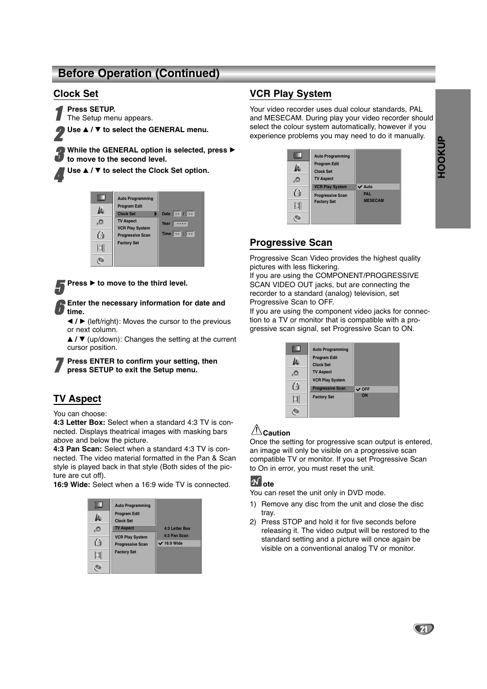 Before operation (continued), Clock set, Tv aspect | Vcr play system, Progressive scan, Hookup | NEC NDRV-60 User Manual | Page 21 / 64