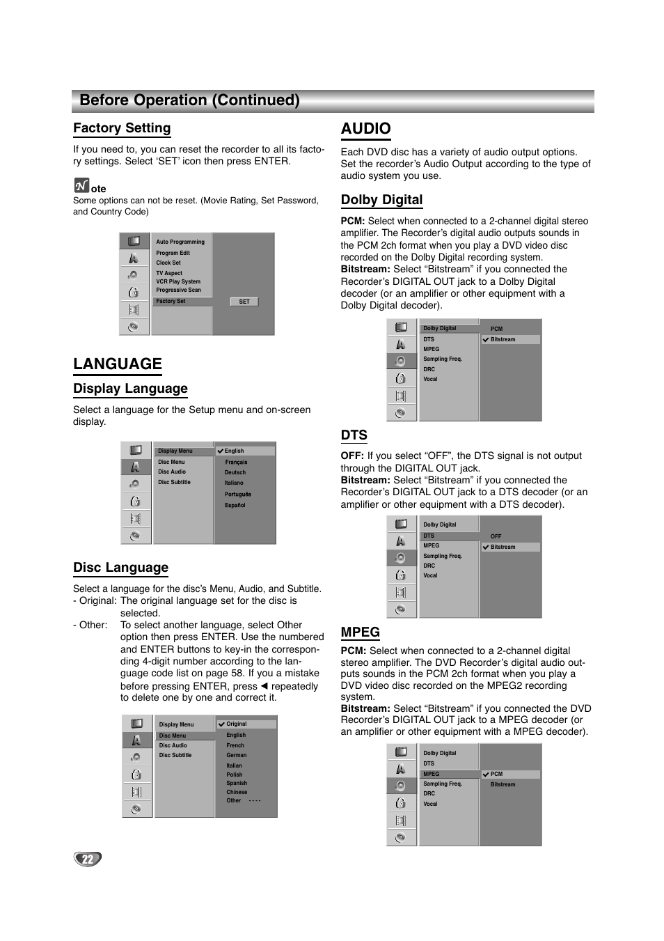 Before operation (continued), Language, Audio | Factory setting, Display language, Disc language, Dolby digital, Mpeg | NEC NDRV-60 User Manual | Page 22 / 64