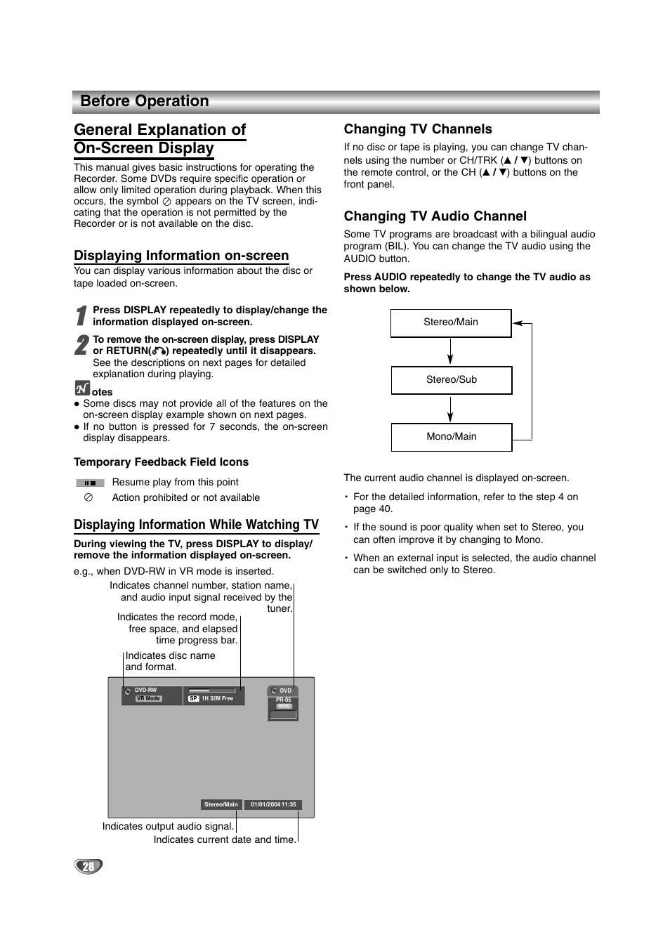 Displaying information on-screen, Displaying information while watching tv, Changing tv channels | Changing tv audio channel | NEC NDRV-60 User Manual | Page 28 / 64