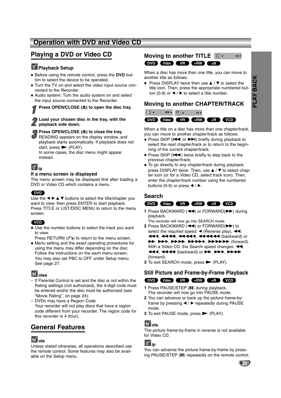 General features, Moving to another title, Moving to another chapter/track | Search, Still picture and frame-by-frame playback, Pla y back | NEC NDRV-60 User Manual | Page 31 / 64