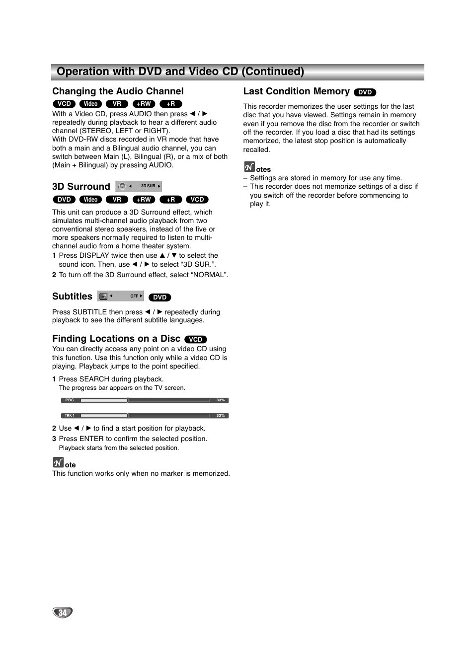 Operation with dvd and video cd (continued), Changing the audio channel, 3d surround | Subtitles, Finding locations on a disc | NEC NDRV-60 User Manual | Page 34 / 64