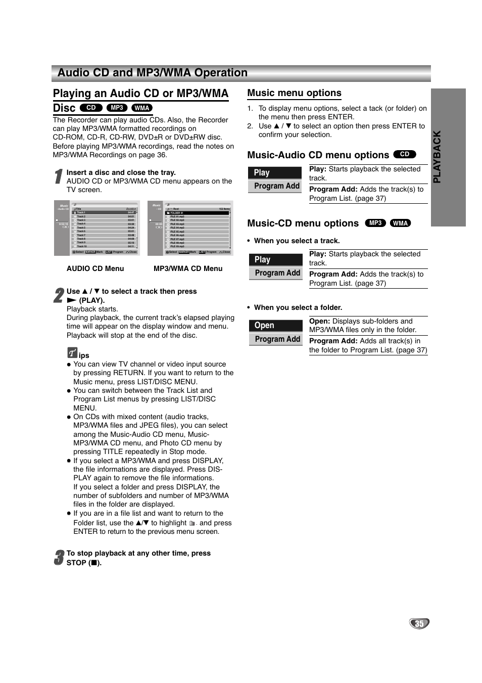 Music menu options, Music-audio cd menu options, Music-cd menu options | Pla yback, Play, Open, Program add | NEC NDRV-60 User Manual | Page 35 / 64