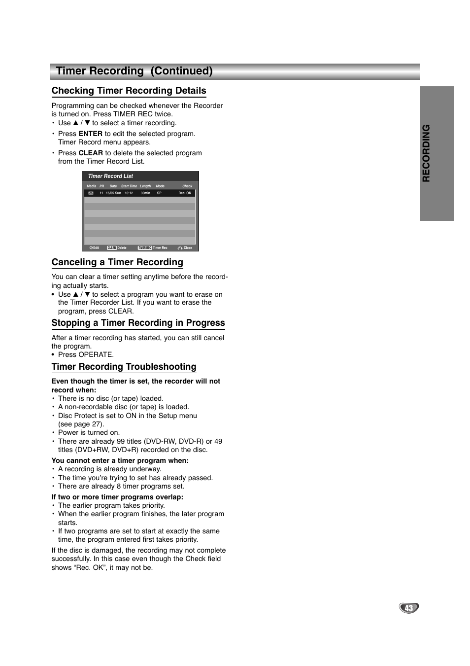 Timer recording (continued), Checking timer recording details, Canceling a timer recording | Stopping a timer recording in progress, Timer recording troubleshooting, Recording | NEC NDRV-60 User Manual | Page 43 / 64