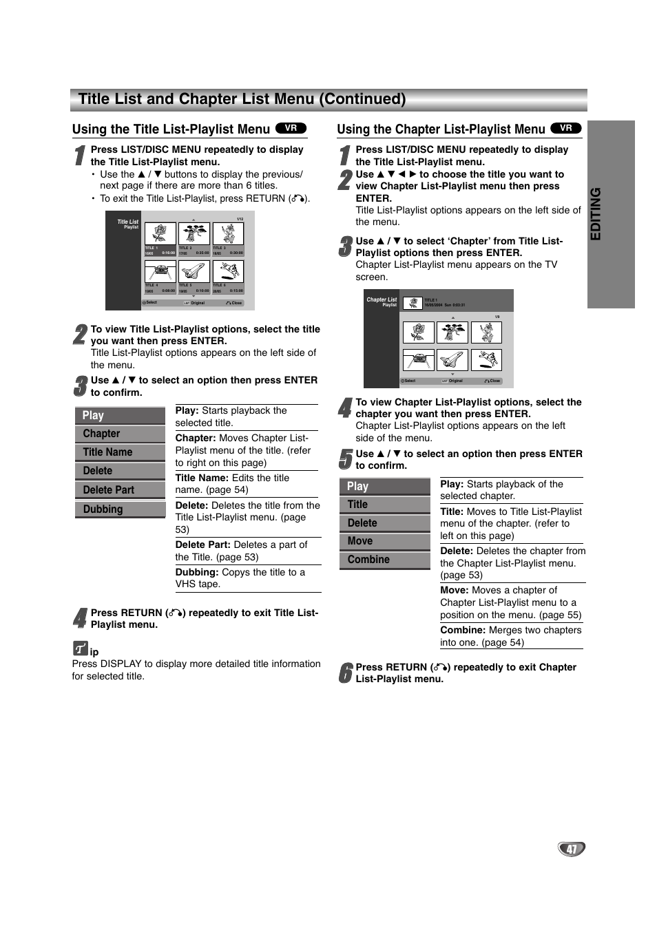 Title list and chapter list menu (continued), Using the title list-playlist menu, Using the chapter list-playlist menu | Editing | NEC NDRV-60 User Manual | Page 47 / 64