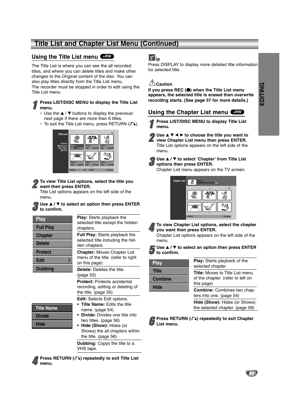 Title list and chapter list menu (continued), Using the title list menu, Using the chapter list menu | Editing | NEC NDRV-60 User Manual | Page 49 / 64