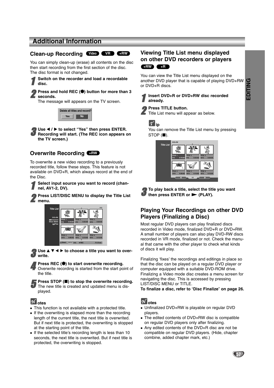 Additional information, Clean-up recording, Overwrite recording | Editing | NEC NDRV-60 User Manual | Page 57 / 64